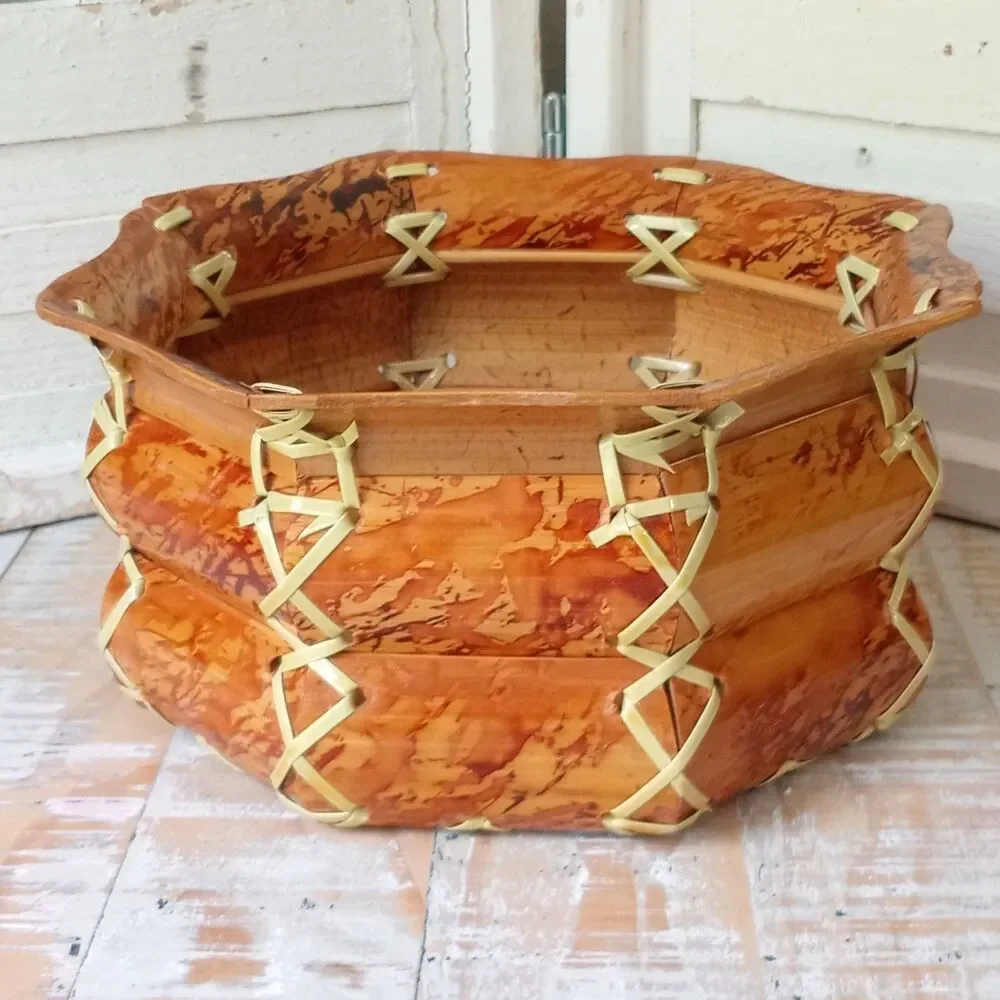 MCM Vintage Tortoise Bamboo Bowl Basket Octagon Burnt Woven Boho Centerpiece 50s